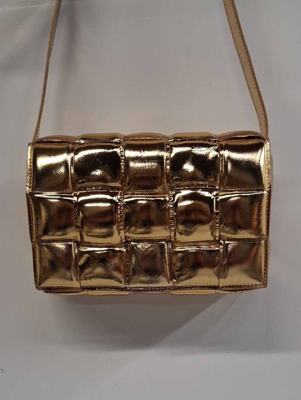 Womens Bottega Veneta Gold Mirror Lambskin Padded Cassette Crossbody Bag